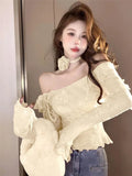 KYLETHOMASW  -  Sweet Hot Girl Flare Sleeved Sweater Women's Autumn and Winter Off Shoulder Slash Neck Knitted Pullover Fashion Female Clothes