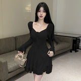 KYLETHOMASW  -  Woman Dress Sweet Sexy Flowers Long Sleeve Elegant Slim Mesh Patchwork Ruched Ruffles Party Mini Dresses Ladies