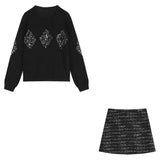 Kylethomasw Spring New O-neck Diamond Sequins Casual Cashmere Long-sleeved Sweater Women + High Waist Striped Knit Skirt Two-piece Suit