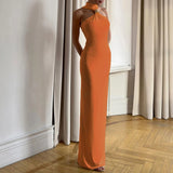 KYLETHOMASW  -  Sexy Off Shoulder Solid Color Temperament Evening Dress High-end Sleeveless Dress Hot Women Fashion Sleeveless Halter Long Dress