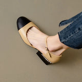 KYLETHOMASW  -  Women Sheepskin Leather Pumps Pearls Chunky Heels Shoes Brand Designer Two Tone Buckle Pumps Wedding Party Dressy Shoes