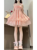 KYLETHOMASW  -  Summer New France Sweet Elegant Girl Pink Polka Dot Dress Women's Japanese Kawaii Slim Sling Off Shoulder Short Cute Dresses