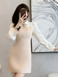 KYLETHOMASW  -  Autumn Elegant Patchwork Suit Dress Women Turn-down Collar Single Breasted Flare Sleeve Pleated Korean Chic Female New Clothes