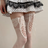 KYLETHOMASW  -  New Arrival Lace Jacquard Women Over Knee Socks Vintage French Elegant Cross Tie Thigh High Socks Lolita Dating Daily Stockings