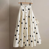 KYLETHOMASW  -  Women French Vintage Pleated Midi Party Skirt Elegant Polka Dot Print Single Breasted High Waist A-Line Skirt Casual Jupe 438P