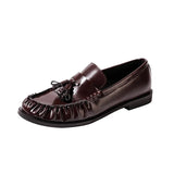 KYLETHOMASW  -  Black Patent Leather Chunky Heel Loafers Fashion Pleated Fringe Sewing Designer Shoes Comfortable Soft Leather Zapatos De Mujer