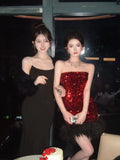 KYLETHOMASW  -  Korean Women Silver Red Patchwork Sequin Elegant Sexy Sleeveless Strapless Short Dress Summer Backless Party Wrap Hip Mini Dress