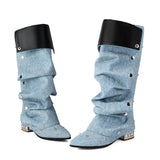 KYLETHOMASW  -  Women's Runway Denim Slouchy Boots Light Blue Chic Snap Fastener Boots Black Pearl Back Zip Modern Shoe Biggest Size 48