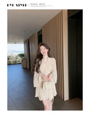 KYLETHOMASW  -  Elegant V-Neck Flare Sleeve A-Line Mini Dress Fashion Pleated Chiffon Temperament Birthday Prom Femme Vestido Mujer New Autumn