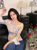 Kylethomasw Harajuku Patchwork T Shirt Women Flare Sleeve Hotsweet Slim Tees Korean Fashion Girl Tops Designer Y2k Aesthetic Clothes