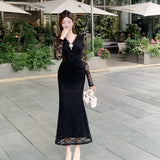 KYLETHOMASW  -  French High-End Lace V-Neck Evening Gown Slim Waist Fish-Tail Base Layer 2026 Spring New Arrival Women's Fashion Elegant Dress
