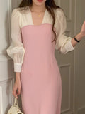 KYLETHOMASW  -  Korean Chic French Fake Two Piece Contrast Color Long Sleeve Slim Waist Lace-up Dresses
