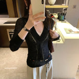 KYLETHOMASW  -  Korean V Neck Long Sleeve Solid Slim All Match Hollow Out Knitted Casual T-Shirts