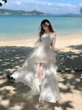 KYLETHOMASW  -  France Sweet Slash Neck Holiday Dress Women's Summer New Design Fashion Elegant Fairy Irregular Seaside Dress Female Clothing