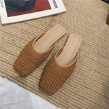 KYLETHOMASW  -  Shoes Slippers Soft Slides Slipers Women Cover Toe Low Loafers Fretwork Heels Comfort 2025 Flat Basic Fabric Rubber Cane PU