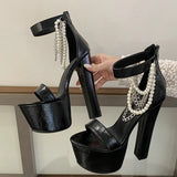 KYLETHOMASW  -  Women Sandals Silver Chain Open Toe Pumps Street Style Chunky Platform Super Square High Heels Zipper Banquet Shoes