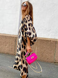 KYLETHOMASW  -  Spring Summer New Long V-neck Loose Lantern Sleeve Leopard Print Straight Cut Dress Women's Midi Dress Comfortable Breathable