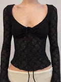 KYLETHOMASW  -  French Lace Patchwork V Neck Long Sleeve Slim Solid Y2k Streetwear Knitted T-Shirts