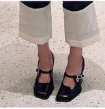 KYLETHOMASW  -  Fashion Black Patent Leather Mary Janes Slingbacks Women Pumps Spring Summer Wave Toe Chunky High Heels Office Lady Daily Shoes