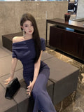 KYLETHOMASW  -  Skew Collar Long Dresses Solid Spring Summer Elegant Sexy Vestidos Mujer Korean Fashion Bodycon Dress Women