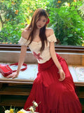 KYLETHOMASW  -  Summer New Beach 2 Piece Sets Women Hotsweet Off Shoulder Star Print Casual Tops Mushroom Edge Draw Pleats Slim Long Skirt