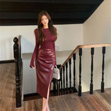 KYLETHOMASW  -  Temperament Slim Elegant Sexy Dress Women 2024 New High Waist Slit Cover Hip Leather Skirt Luxurious Party Evening Long Dresses