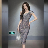 KYLETHOMASW  -  Women Evening Dresses Sequins Sleeveless Patchwork Slim Off Shoulder Cocktail Banquet Dress Wedding Party Celebrity