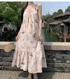 KYLETHOMASW  -  Vintage Butterfly Print Party Pleated Long Dress for Women Summer Elegant Sexy Club Beige Backless Bandage Slip Vestidos Robe