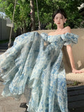 KYLETHOMASW  -  Summer Print Womens Dresses Elegant Casual Slash Neck Birthday Party Dress French Style A-line Split Vestidos Robe Femme Clothes