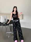 KYLETHOMASW  -  Y2k Coquette Bow Embroidery Wide Leg Pants Women Korean Style Kawaii Sweet Lace Patchwork High Waist Loose Pants Y2k