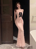 KYLETHOMASW  -   Evening Dresses Women Bowknot Strapless Lace Patchwork Ruffles Mermaid Dress Cocktail Elegant Wedding Party Backless