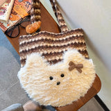 KYLETHOMASW  -  Patchwork Cute Fluffy Dog Contrast Color Striped Handbags Women Purses Y2k Aesthetic Sweet Cartoon Kawaii Shoulder Underarm Bag