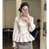 KYLETHOMASW  -  Kawaii Pink Bow Shirts Women Japanese Cute Lace Ruffles Patchwork Blouses Fashion Puff Long Sleeve Slim Design Tops New