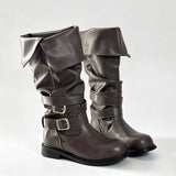 KYLETHOMASW  -  Retro Y2K Slouchy Knee High Boots Women Turn‑Down Folded Cuff Vintage Grey Moto Biker Boots Riding Boot Shoes