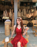 KYLETHOMASW  -  Woman Dresses Floral Printed Sleeveless Halter Irregular Ruffles Bow Bandage Backless Sexy Mini Dress Sweet Elegant Party