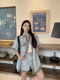 KYLETHOMASW  -  Casual Denim Suit Women's Summer Turn-down Collar Short-sleeved Shirt High Waisted Shorts Two-piece Set Fashion Female Clothes