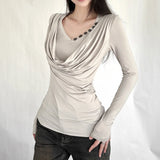 KYLETHOMASW  -  Moda Designed Personalized Europe T-shirt New Long Sleeve V Neck Slim Tops Streetwear Y2K All-match Trendy Soft Ropa Mujer