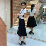 KYLETHOMASW  -  Preppy Style Pleated Skirt Women Vintage Korean Style Black Mid Length Skirt Harajuku Fashion Patchwork Classic Skirts