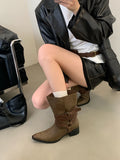 KYLETHOMASW  -  Black Chunky Heels Ankle Boots Woman Pointed Toe Rivet Fall Shoes Belt Buckle Western Style Cowboy Boots Zapatos Mujer