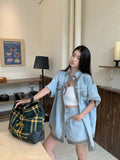 KYLETHOMASW  -  Casual Denim Suit Women's Summer Turn-down Collar Short-sleeved Shirt High Waisted Shorts Two-piece Set Fashion Female Clothes