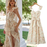 KYLETHOMASW  -  Floral Print Ruffles Tank Dress Women French Indie Folk Vintage Summer Fashion Sexy Split Dress Women