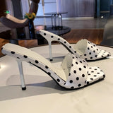 KYLETHOMASW  -  Summer Women Satin Polka Dot Slippers Sexy Square Toe Thin High Heel Dress Shoes Elegant Banquet Stripper Party Slides Shoes