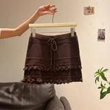 KYLETHOMASW  -  Knitted Mini Skirt Ruffles Solid Sweet Autumn Winter Y2k Retro Woman Skirts Korean Fashion Elegant Faldas Mujer