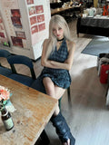 KYLETHOMASW  -  Y2K 90s Korean Harajuku Two-piece Set High Waist A-line Mini Skirt and Crop Top Sweet Blue Kawaii Grunge Summer Outfit