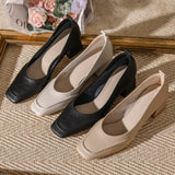 KYLETHOMASW  -  High Heels Women's Spring Summer Square Head Shallow Mouth Medium Heel Pumps Women's Thick Heel Soft Leather Commuter Work Shoes