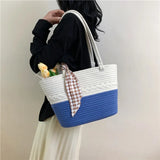 Kylethomasw Cross-border Large-capacity Cotton Knitted New Color-blocked Shoulder Bag Vacation Beach Bag Vacation Straw Shoulder Bag