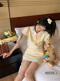 KYLETHOMASW  -  Summer Yellow Fashion 2 Piece Sets Cute Girl Short Puff Sleeve Lace Doll Collar Shirt Top&Mini Skirt 2pc Dress Suits