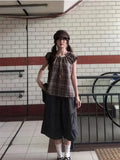 KYLETHOMASW  -  Korean Retro Plaid Top Shirt Women Summer New Round Neck Patchwork Lace Bubble Sleeve Blouse Clothing