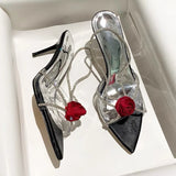 KYLETHOMASW  -  Flower Designer High Heels Brand Slingback Pumps Woman Sexy Party Dress Transparent Crystal Luxury Rose Flowers Sandals Female