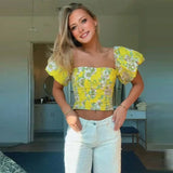 KYLETHOMASW  -  Trendy Yellow Floral Print Puff Sleeve Corset Top Cute Square Neck Ruched Crop Top Summer Vacation Outfit Women's Clothing